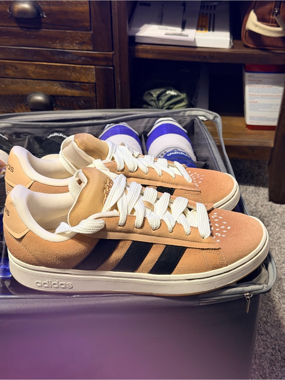 adidas Men’s Suede Sneakers in Tan with Black Stripes - Picture 4 of 4